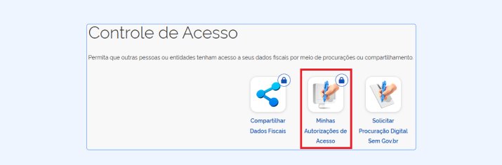 Captura de tela de uma página web com o título 'Controle de Acesso' e instruções para autorizar o acesso aos dados fiscais. Abaixo, há três botões de ícone lado a lado. O botão central, com um ícone de uma mão assinando um monitor de computador e o rótulo 'Minhas Autorizações de Acesso', está destacado por uma caixa vermelha. Os outros botões são 'Compartilhar Dados Fiscais' à esquerda e 'Solicitar Procuração Digital Sem Gov.br' à direita. Esta imagem indica onde clicar para gerenciar as autorizações de acesso