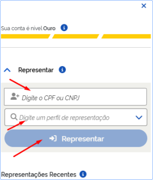 Captura de tela do menu 'Representar' no portal da Receita Federal. Três setas vermelhas indicam o fluxo de preenchimento: a primeira aponta para o campo 'Digite o CPF ou CNPJ', a segunda para o campo de seleção 'Digite um perfil de representação' e a terceira para o botão azul 'Representar'.