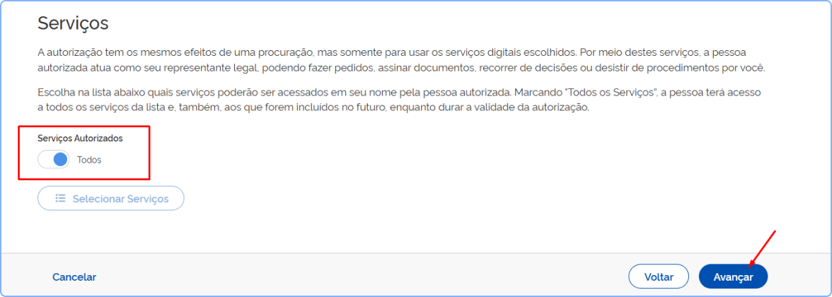 Captura de tela da página 'Serviços' no portal da Receita Federal. No lado esquerdo, abaixo do texto explicativo, há uma chave de seleção (toggle) ao lado da palavra 'Todos', destacada por um retângulo vermelho. No canto inferior direito, uma seta vermelha aponta para o botão azul 'Avançar'. A página informa que marcar a opção 'Todos' concede acesso a todos os serviços atuais e futuros dentro do prazo da autorização."