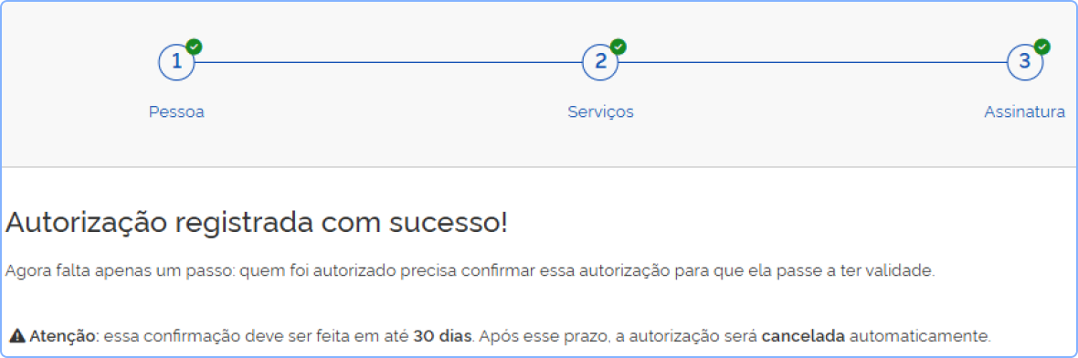 Captura de tela com a mensagem central "Autorização registrada com sucesso!". No topo, os três círculos das etapas (Pessoa, Serviços e Assinatura) estão marcados com um ícone de "check" verde. Abaixo, há um aviso de que a autorização deve ser confirmada em até 30 dias