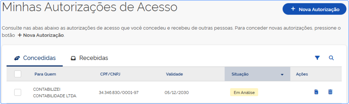 Captura de tela da aba "Concedidas" na lista de autorizações. A tabela mostra a linha da Contabilizei com o CNPJ e a data de validade. Na coluna "Situação", o status está destacado em amarelo como "Em Análise".