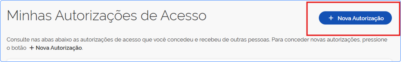 Captura de tela da seção "Minhas Autorizações de Acesso". À direita, um botão azul com o texto "+ Nova Autorização" está destacado por uma moldura vermelha.