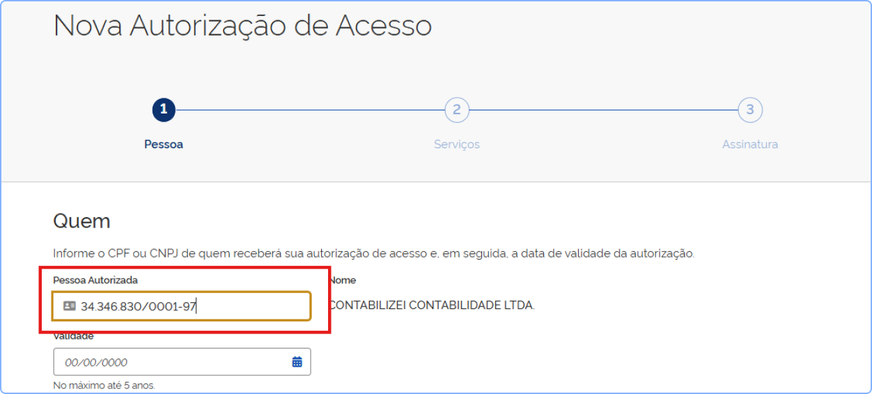Tela de "Nova Autorização de Acesso". O campo "Pessoa Autorizada" está preenchido com o CNPJ 34.346.830/0001-97 e destacado em vermelho. Ao lado, aparece o nome da Contabilizei
