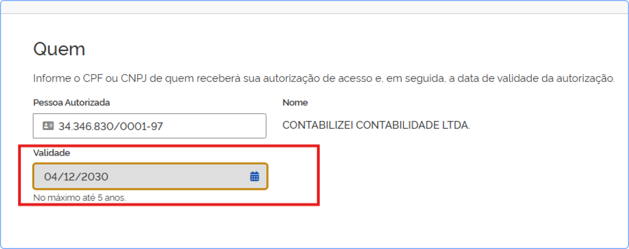 Mesma tela anterior, mas agora com o destaque vermelho no campo "Validade", que está preenchido com uma data para daqui a 5 anos.